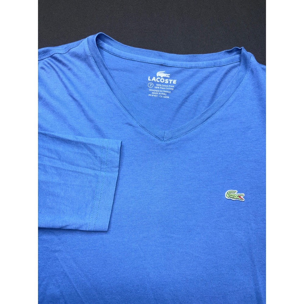 Lacoste Mens Blue Pima Cotton V-Neck Long Sleeve T-Shirt Size 7 XXL Logo Tee